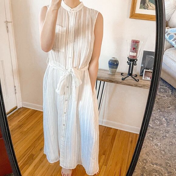 Vince Stripe Button Up Belted Midi Dress White M - Picture 1 of 9